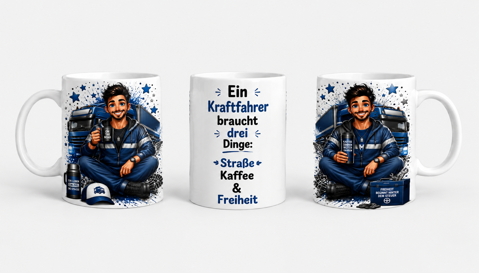 Kraftfahrer Tasse mit Spruch – Straße Kaffee Freiheit – Geschenk für LKW Fahrer & Berufskraftfahrer | 330ml Keramiktasse