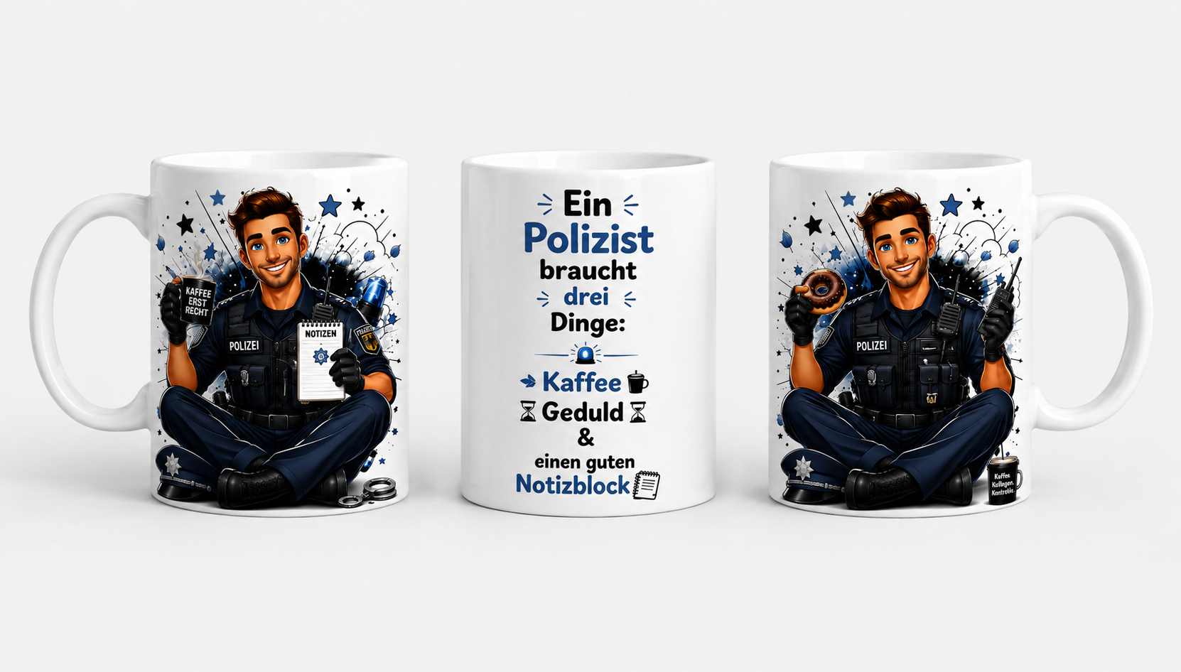 Lustige Polizei Tasse – Polizist / Polizistin braucht Kaffee, Geduld & Notizblock | Geschenk für Polizeibeamte