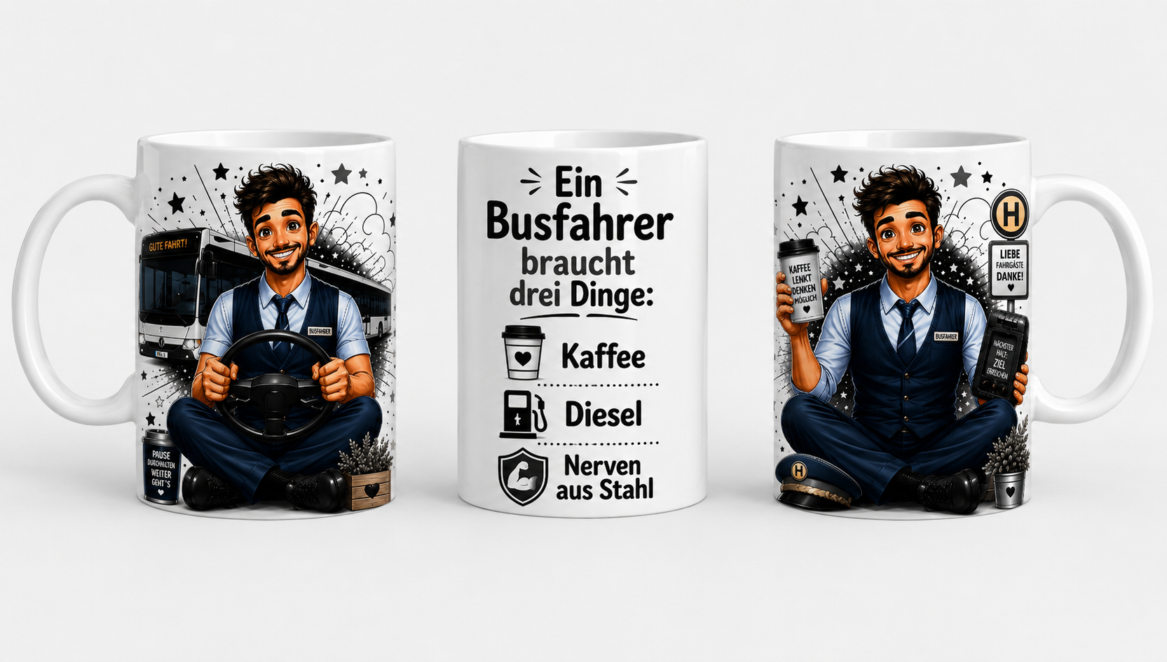 Busfahrer Tasse mit Spruch | Kaffee, Diesel & Nerven aus Stahl | Geschenk für Busfahrer