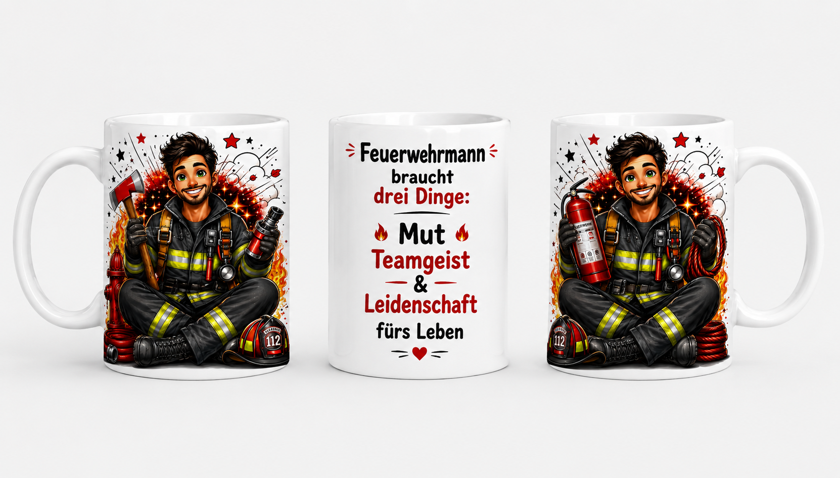 Feuerwehr Tasse mit Spruch – Mut, Teamgeist & Leidenschaft – Geschenk für Feuerwehrmann, Feuerwehrfrau und Feuerwehrfans | 330 ml Keramiktasse