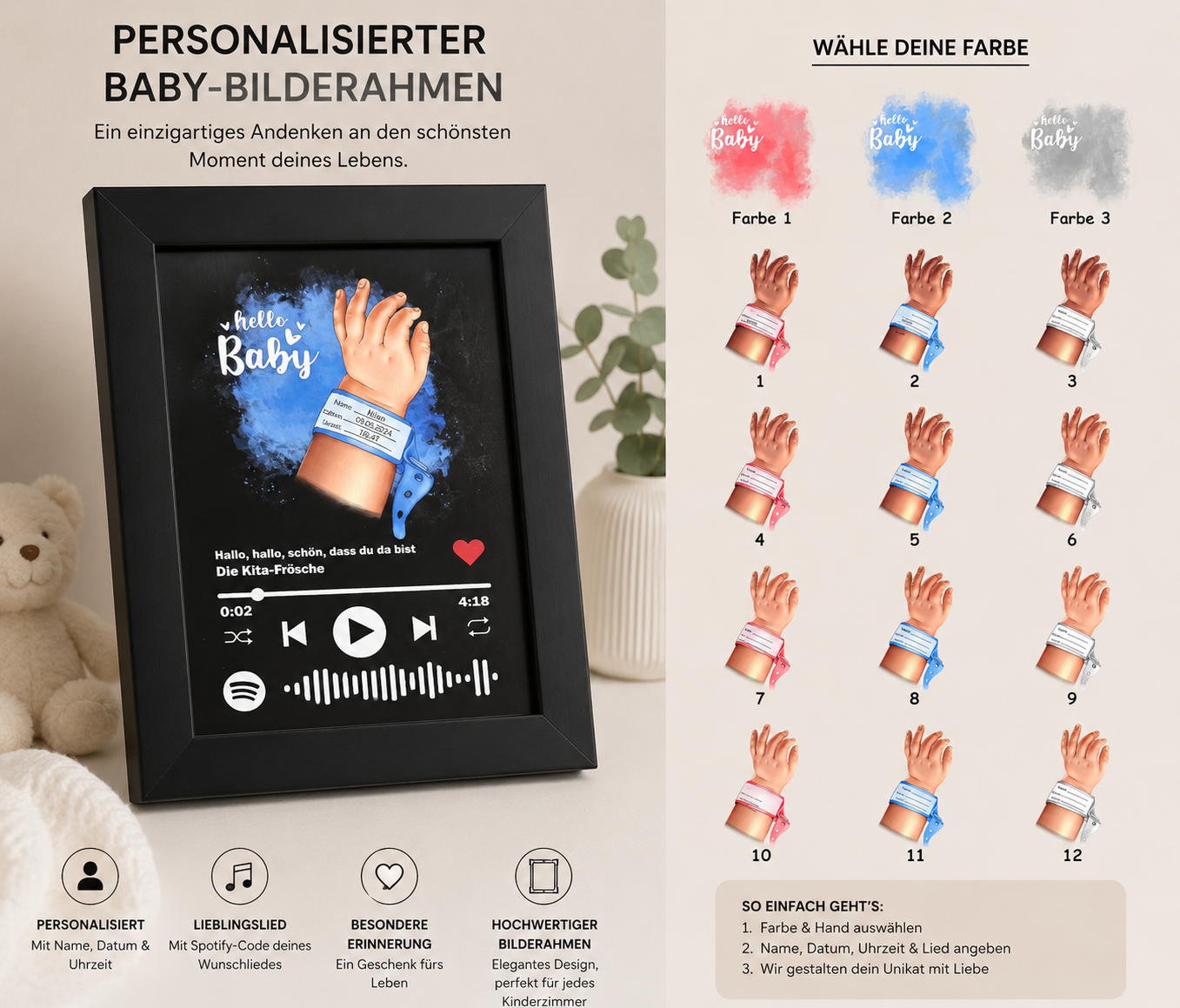 Geburt Geschenk Bilderrahmen personalisiert Babyhand Namen Uhrzeit Datum Spotify Musik Code Oma Opa Mama Papa Neugeborenes Eltern