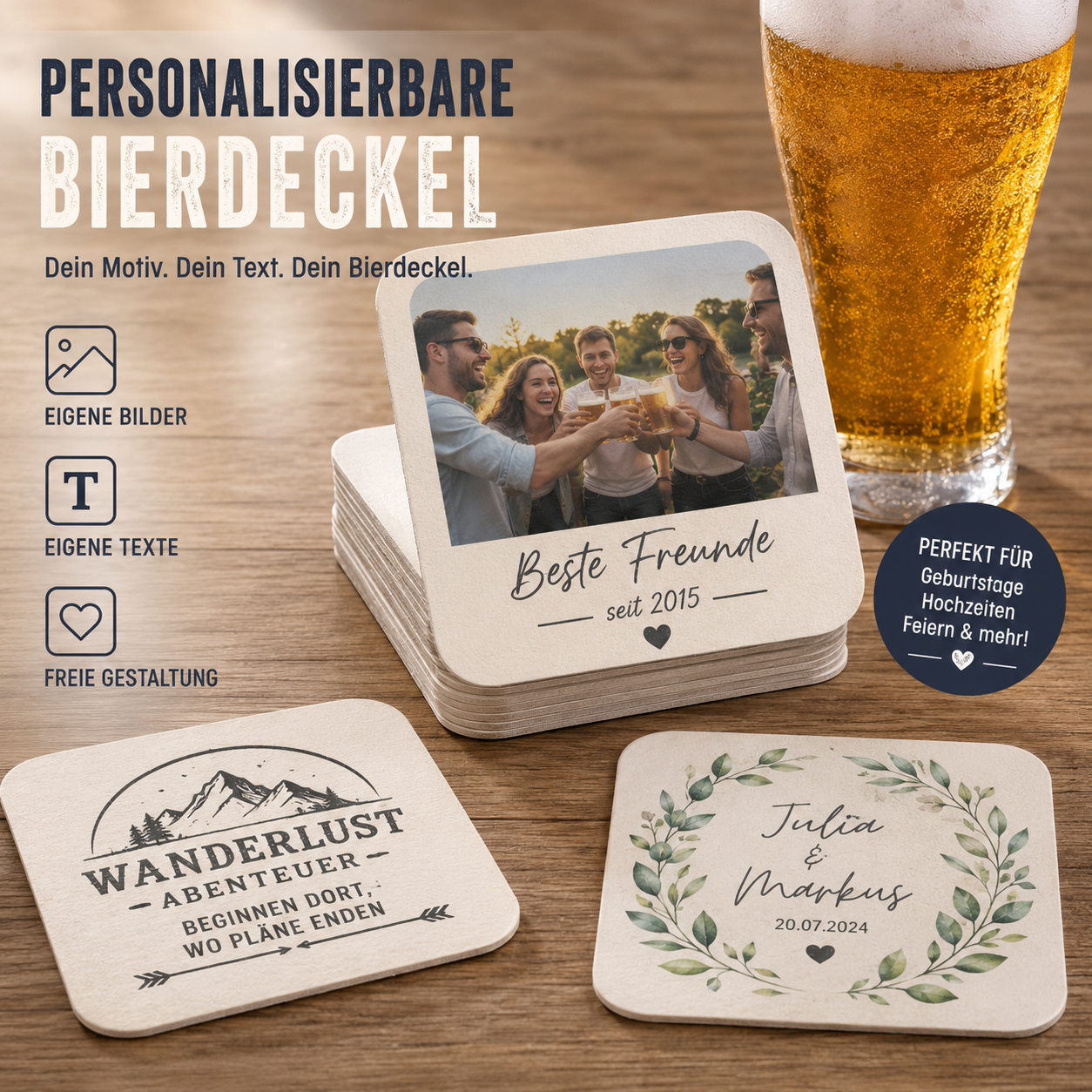 Untersetzer personalisiert Bier Wein Glas Foto Texte Designs Wunschtext Geschenke Hochzeit Geburtstag Feier