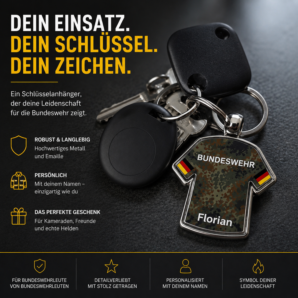 Personalisierter Bundeswehr Schlüsselanhänger mit Name – Flecktarn Shirt – Geschenk für Soldaten & Reservisten