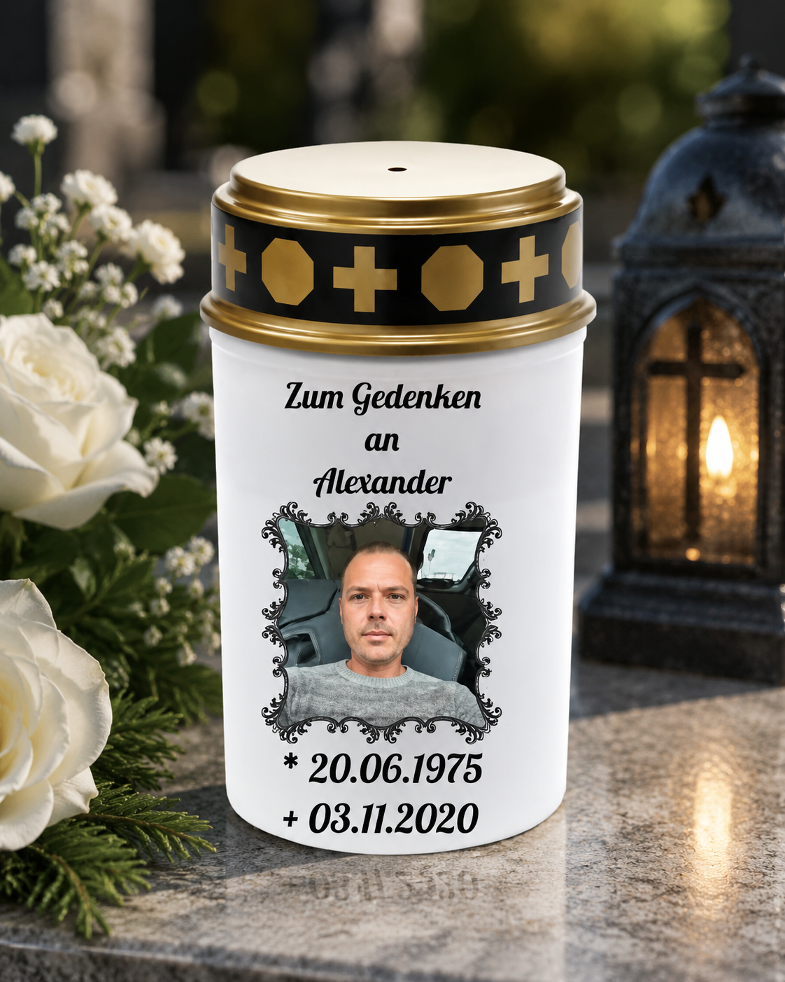 Personalisierte Gedenkkerze mit Foto & Namen – Grabkerze zum Andenken – Trauerlicht individuell bedruckt LED