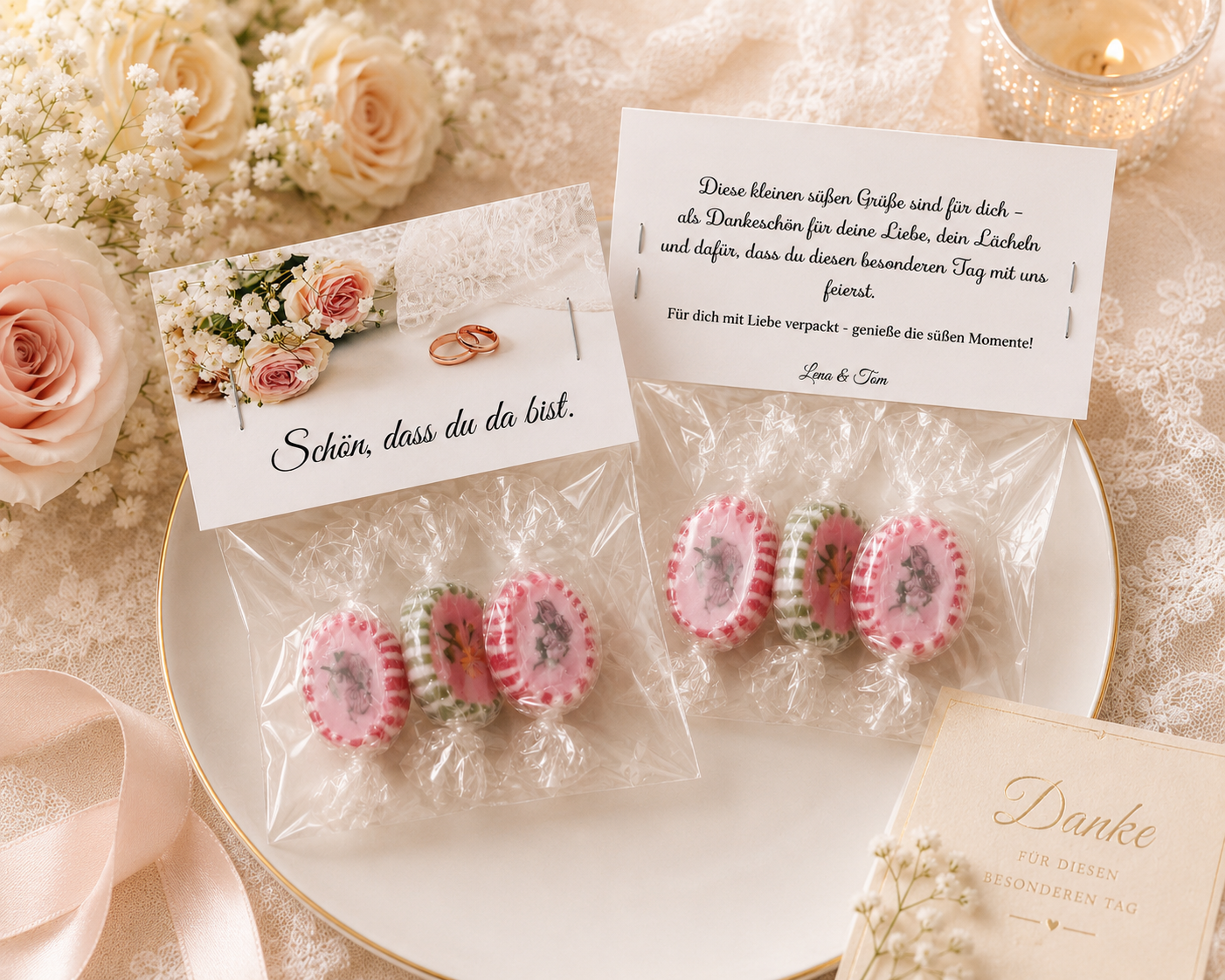 Personalisierte Hochzeits-Gastgeschenke – Bonbon-Tütchen mit Dankeskarte | Schön, dass du da bist – Liebevoll verpackt mit Namen