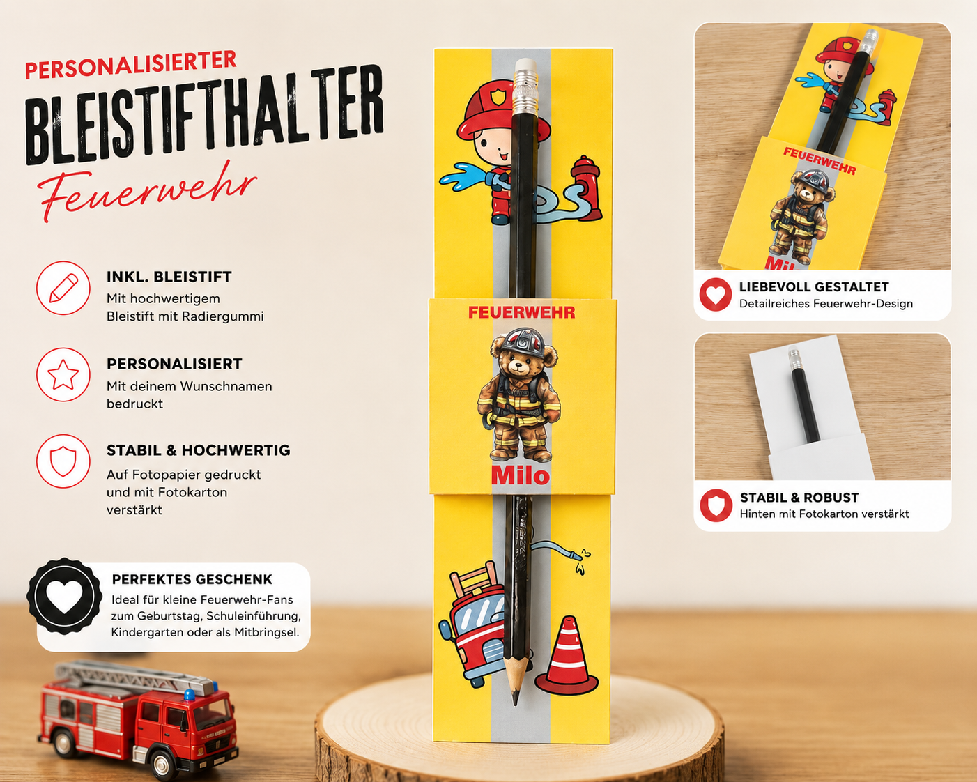 🚒 Personalisierter Feuerwehr-Bleistifthalter mit Wunschname inkl. Bleistift