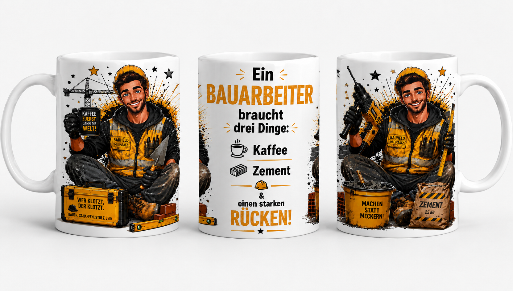 Bauarbeiter Tasse mit Spruch – Kaffee, Zement & starker Rücken | Lustiges Geschenk für Bauarbeiter, Handwerker & Maurer | 330 ml Keramiktasse