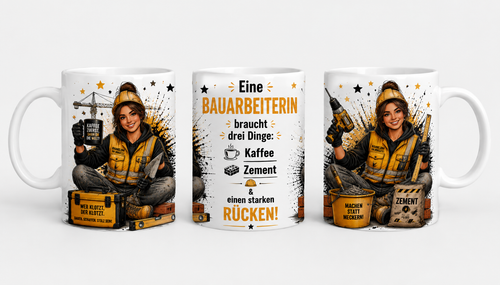 Bauarbeiter Tasse mit Spruch – Kaffee, Zement & starker Rücken | Lustiges Geschenk für Bauarbeiter, Handwerker & Maurer | 330 ml Keramiktasse