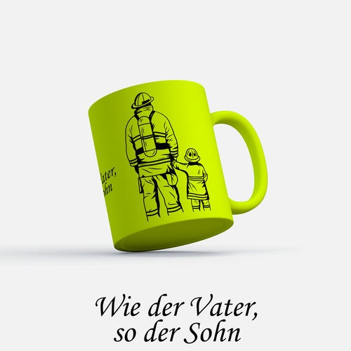 Neon Tasse Feuerwehr Design 2024 Kaffeetasse Geschenke Firefighter 112 Vater Kind