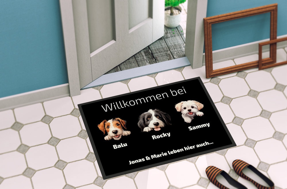 Personalisierte Fußmatte mit Hund | Haustier Willkommen Matte | Wunschname | Geschenk für Hundebesitzer | Türmatte individuell bedruckt