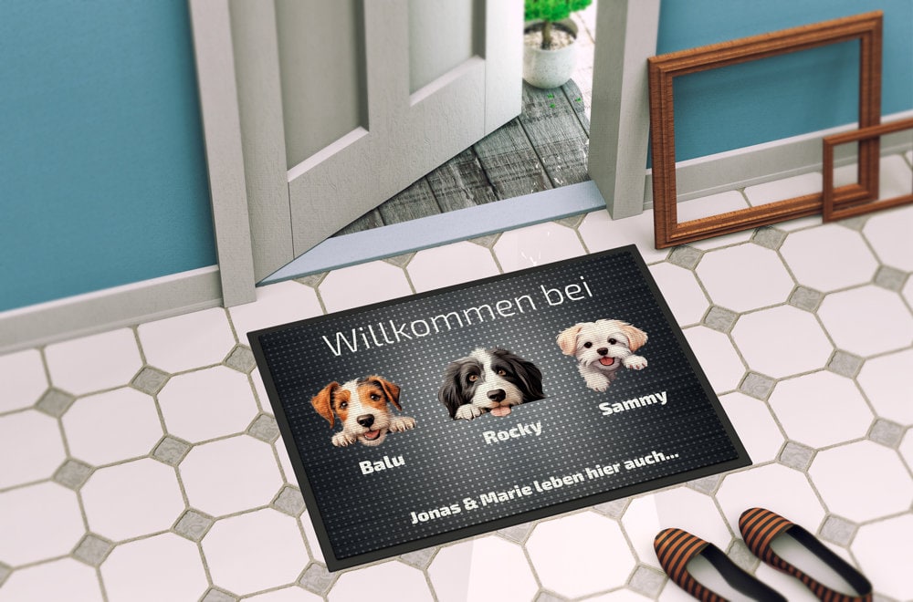 Personalisierte Fußmatte mit Hund | Haustier Willkommen Matte | Wunschname | Geschenk für Hundebesitzer | Türmatte individuell bedruckt