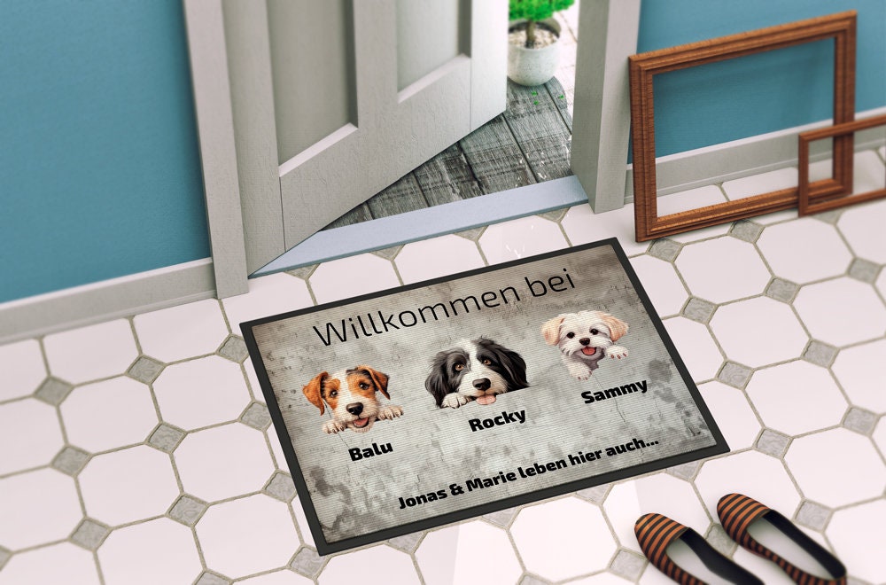 Personalisierte Fußmatte mit Hund | Haustier Willkommen Matte | Wunschname | Geschenk für Hundebesitzer | Türmatte individuell bedruckt