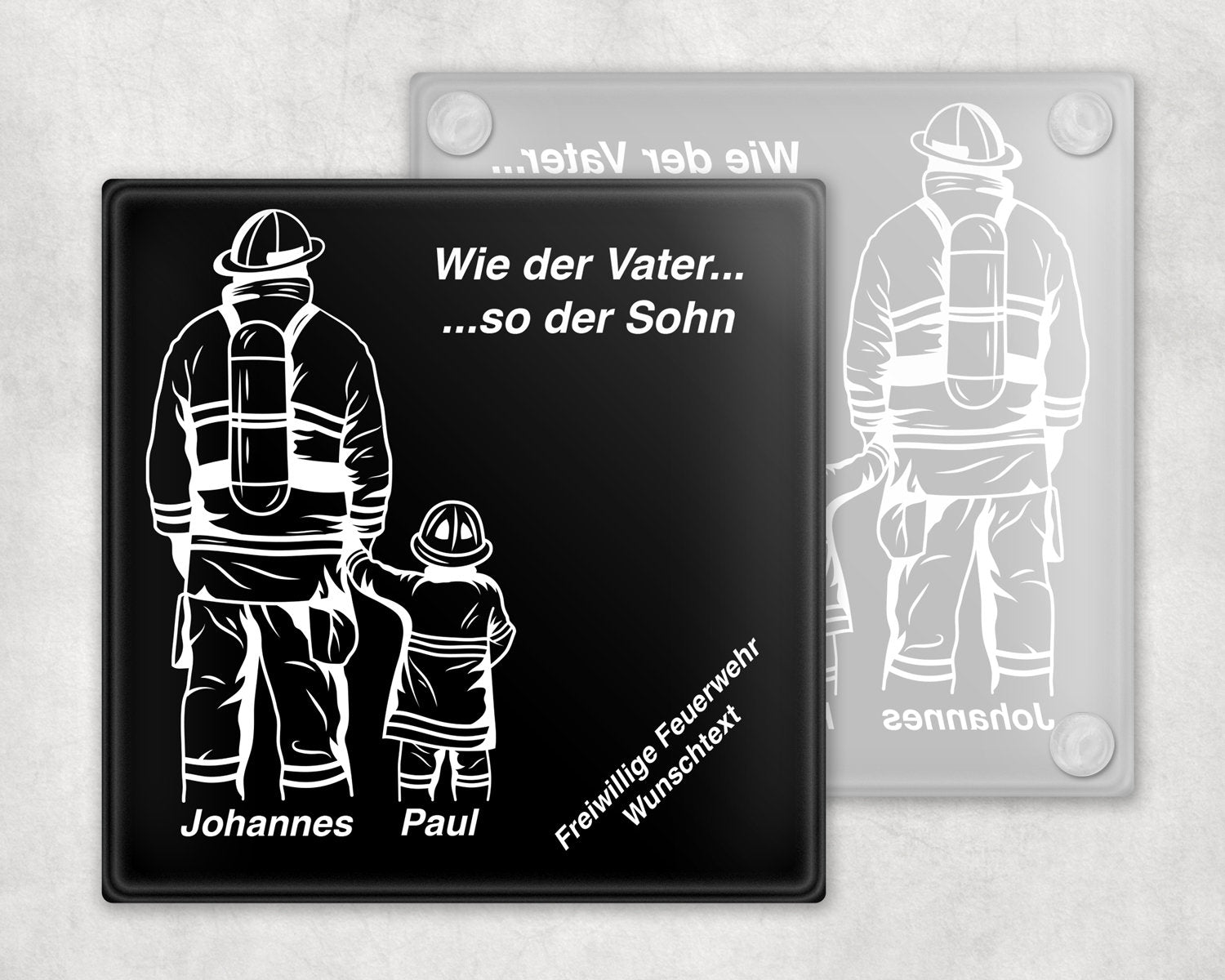 Personalisierter Glasuntersetzer Feuerwehr – Vater & Sohn / Tochter mit Wunschtext – Geschenk Feuerwehrmann