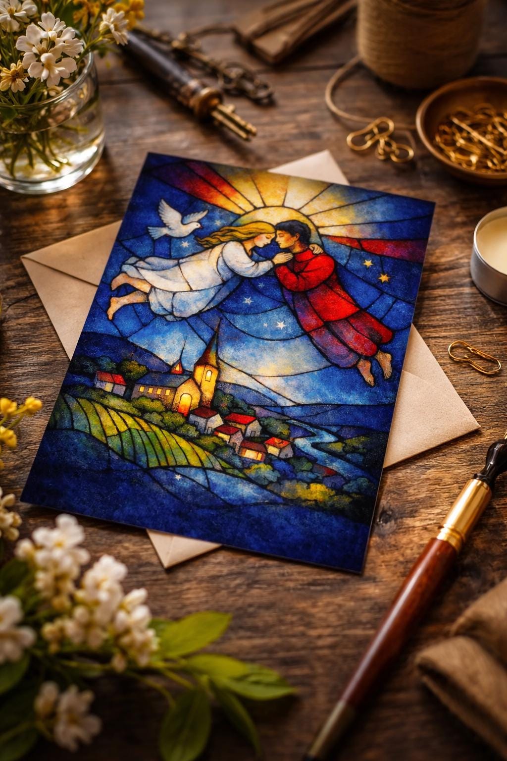 Romantische Kunst Postkarte im Glasfenster Stil – Liebe & Frieden Motiv – Spirituelle Grußkarte – Hochzeit Geschenk – DIN A6 Deko