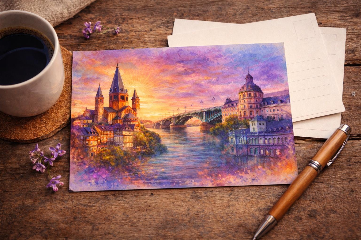Mainz Postkarte Aquarell – Mainzer Dom & Rhein Sonnenuntergang | Mainz Souvenir Geschenkidee | Städte Kunstkarte Rheinland-Pfalz